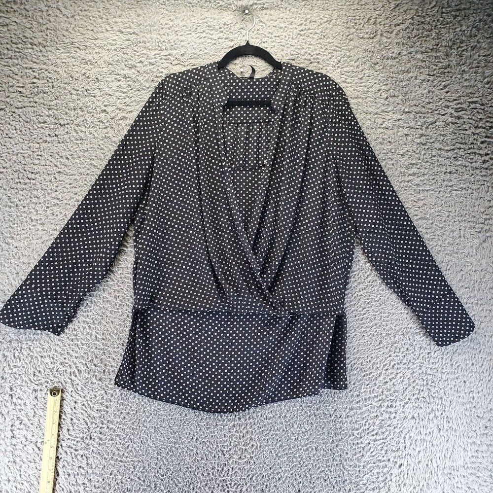 BCBG MAXAZRIA Top Womens Large Black Dot Surplice Wrap Long Sleeve Blouse